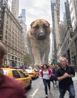 A giant dog towers over a city street preview
