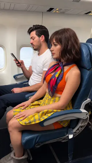 Eine Flugzeugpassagierin zieht eine Perücke und eine Ganzkopfmaske ab.